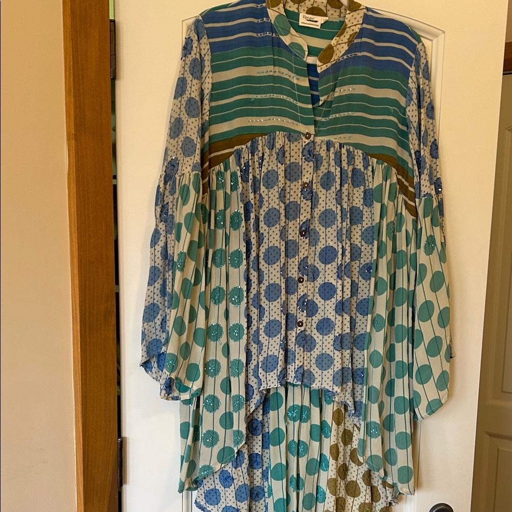 Asymmetrical Button-Front high-Lo Tunic  in beautiful Blue and Green Print